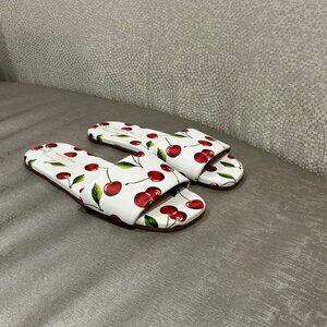 Michael Kors Collection Italy Cherry Print Leather Delphine Slides, size 37.5